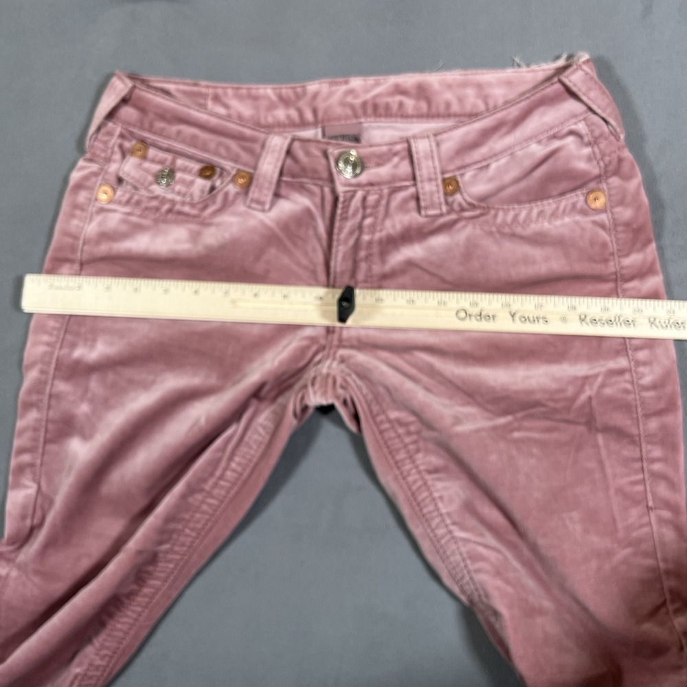 True Religion Joey Big T Velour Flare Leg Pants Sz 31x30 Pink Bootcut Flaps USA - Picture 7 of 12